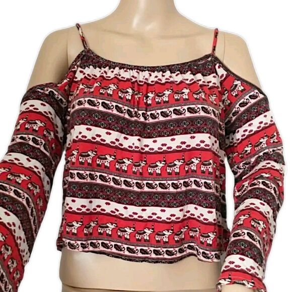 Y2K H&M Elephant Print Top XS Coachella Cold Shoulder Boho Peasant Bohemian Crop - Picture 2 of 12
